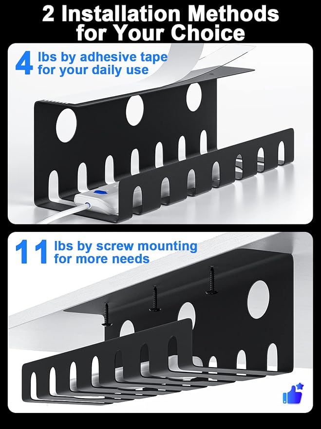 Delamu 2 Pack Metal Under Desk Cable Management Tray, U Channel Cord Organizer Box, Office Under Desk Cord Organizers, Cable Management with Various Accessories, Black, 15.75 Inches