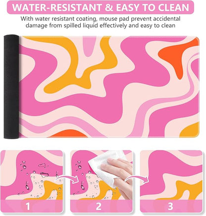 iCasso Large Mouse Pad (35.4x15.7 in), Desk Mat Gaming Mousepad with Stitched Edges, Keyboard Mouse Mat Desk Pad for Work, Game, Office, Home-Pink Topographic