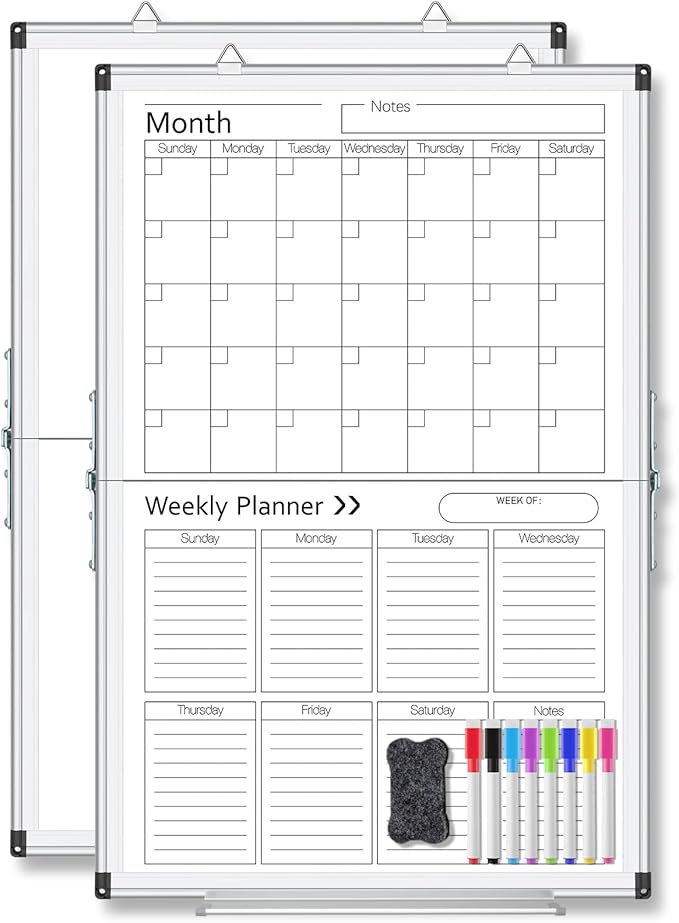 Lincia 24" x 16" Magnetic Vertical Monthly and Weekly Dry Erase Calendar for Wall Undated Horizontal Dry Erase Calendar Planner Aluminum Frame Whiteboard for Home Office Projects Wall Fridge