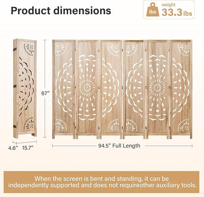 66.9Inch Wooden Room Partition - 6 Panels Boho-Styled Space Room Divider for Home/Office, Headboard & Yoga/Photo/Video Call Backdrop (Natural)