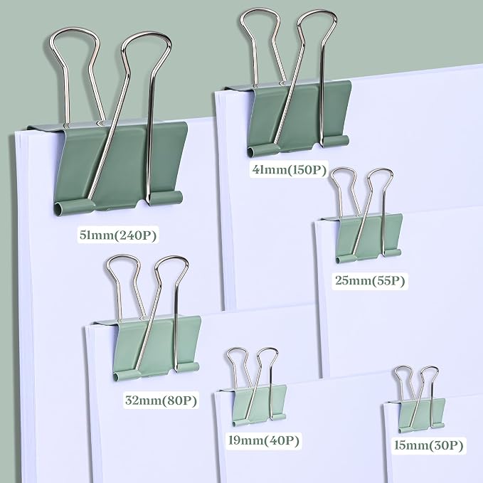 Temiary Aesthetic Binder Clips, Medium Metal Binder Clip with Clear Storage Container, Binding Paperwork Clamps for School Teachers Office Supplies (Green 1.26 Inch, 24P)