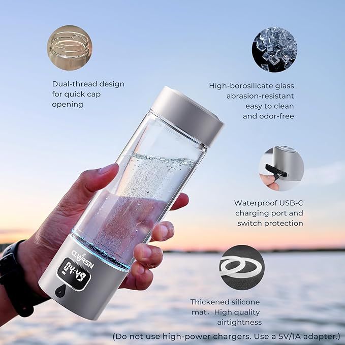 Hydrogen Water Bottle, Portable Glass Hydrogen Water Bottle Generator Machine — SPE/PEM Technology — Athletic Performance & Hydration System — for Gym, Sports, Travel & Outdoor, 11.5Oz (Silver)