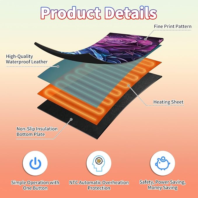 Heated Desk Pad Large Mouse Pad 31.5 x 13 inch with 3 Levels Heating & Auto Shut-Off Warm Mouse pad PU Leather Computer Mousepad for Home Office Work - Blue and Purple Rose Flower