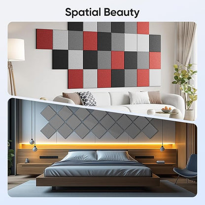 UNECHO 12 Pack 12" X 12" X 0.4" Acoustic Panels for Wall Sound Absorbing, Square Self-Adhesive Sound Panels, High Density Suitable for Multiple Scenarios(MoonLight Gray)