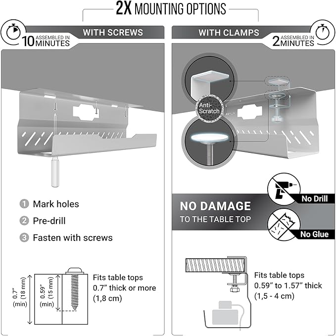 Under Desk Cable Management Tray no Drill – Wire Management - Cord Organizer – Huge Load Capacity – Under Desk Cable Tray no Drill (White, 2 Pieces Set)