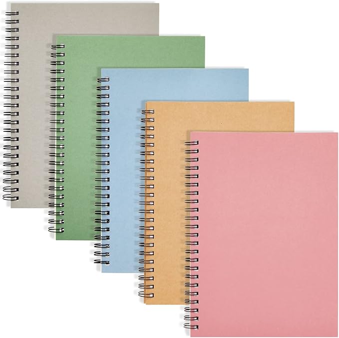 5 Pack 6x8 inch Spiral Journals, Small Notebooks Bulk with 120 Lined Pages for Work, Students, School, Writing (5 Colors Kraft Paper Covers)