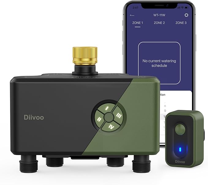Diivoo 4 Zone WiFi Water Timer with Brass Inlet, Smart Hose Sprinkler Timer 4 Outlets Compatible with Alexa/Google Assistant, 24 Irrigation Plans, Rain Delay & Mist Mode for Garden Lawns (2.4GHz Only)
