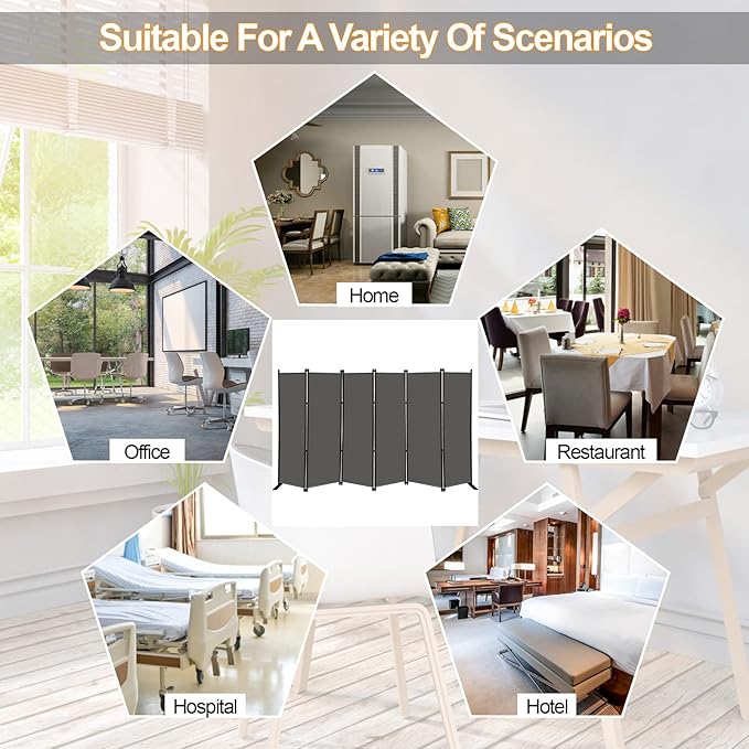 MAYOLIAH 6 Panel Folding Privacy Screen 9ft Wide, 6ft Tall Partition Room Divider Portable Office Walls Dividers Room Separator, Grey
