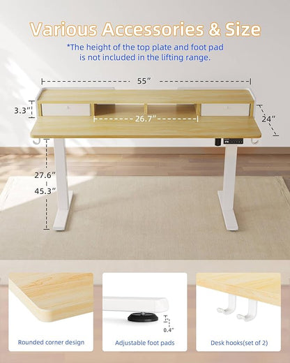 YIHAYO Electric Standing Desk with Drawers, 55 x 24 Inches Adjustable Desk with Storage Shelf, Stand Up Desk with Splice Board, Computer Table for Home Office, White Frame/Natural Top