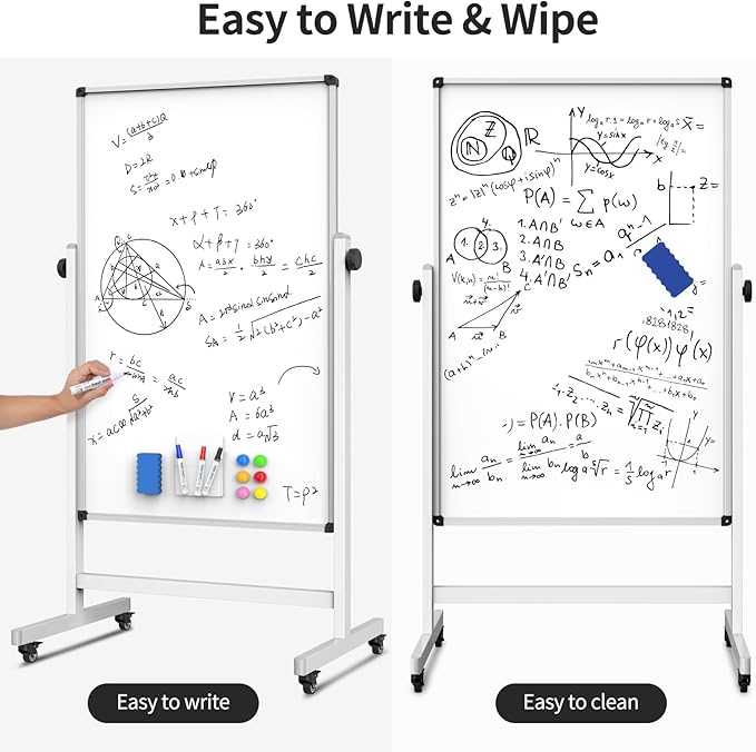 Rolling Whiteboard, Double Sided Magnetic Dry Erase Board Height Adjustable Whiteboard with Stand for Home Office Classroom (48" x 32")