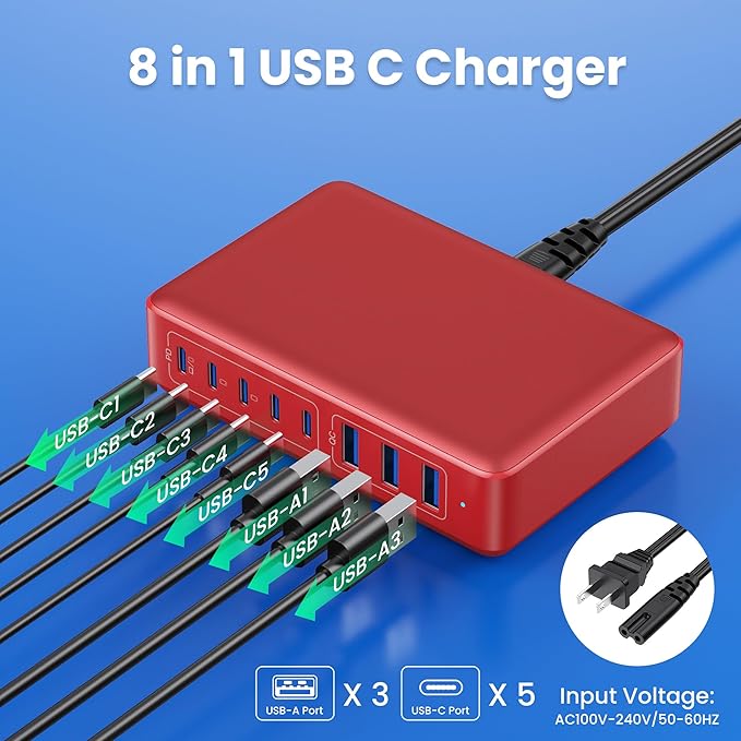 USB C Charger 300W USB C Charger Block 8-Ports GaN IV Fast Charging Station,PD 100W Laptop Charging Hub Wall Charge Adapter Compatible with MacBook/Air,DELL,Steam Desk,iPhone 16/15/14,Galaxy