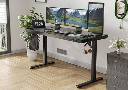 Claiks Glass Standing Desk with Drawers, 55 Inch Adjustable Stand Up Desk, Quick Install Home Office Computer Desk with USB Ports, Black