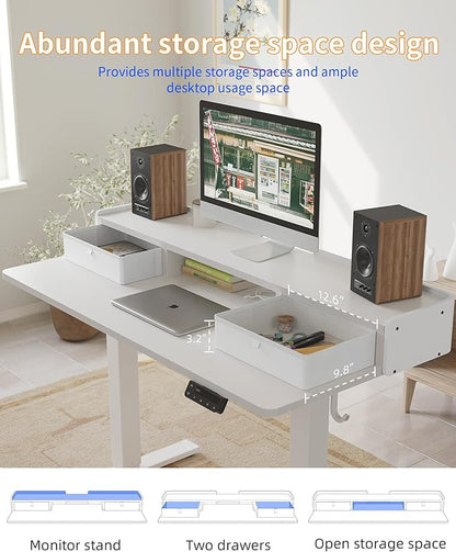 YIHAYO Electric Standing Desk with Drawers, 55 x 24 Inches Adjustable Desk with Storage Shelf, Stand Up Desk with Splice Board, Computer Table for Home Office,White Frame/White Top