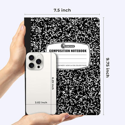 Rosmonde 12 Pack Composition Notebook College Ruled Bulk, 200 Pages (100 Sheets), 9-3/4 x 7-1/2, Hard Cover College Ruled Notebook Bulk, Black Marble Composition Notebook College Ruled, Bulk Notebooks