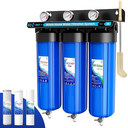 Whole House Water Filter System, 3 Stage Whole House Water Filtration System, with 20" GAC&KDF Filter, Reduces Heavy Metals, Chromium, Chloramine, Lead, Mercury, Copper, Nickel, Sediment, Odor