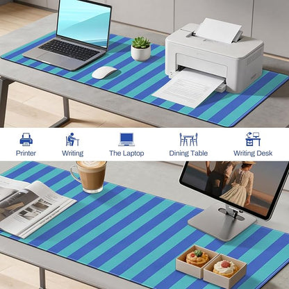 Striped Desk Mat,PU Leather Desk Pad,Extra Large Mouse Pad Table Mat for Laptop Computer, Blue Turquoise Keyboard Mat,Waterproof PU Desk Cover Mat for Office Home Deco