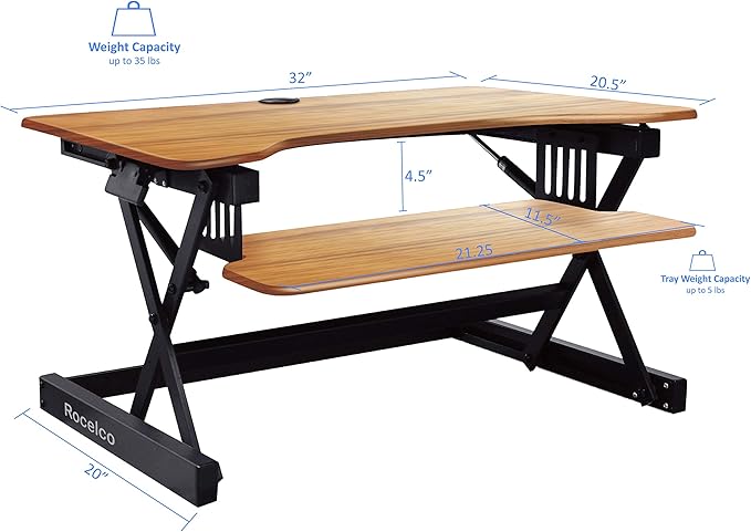 Rocelco 32" Height Adjustable Standing Desk Converter - Sit Stand Computer Workstation Riser - Dual Monitor Retractable Keyboard Tray Gas Spring Assist - Teak Wood Grain (R EADRT)
