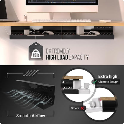 Under Desk Cable Management Tray no Drill – Wire Management - Cord Organizer – Huge Load Capacity – Under Desk Cable Tray no Drill (Black, 2 Pieces Set)