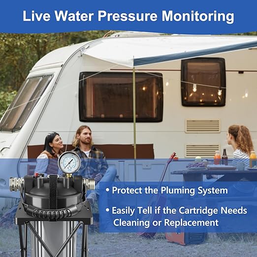 6-Layer RV Water Filter with Stand and 0.5 Micron Filtration, 3/4" GHT Metal Threads Garden Hose Water Filter, Reduces Sediments, Chlorine, VOCs, Heavy Metals, Bad Taste, Odor, and More