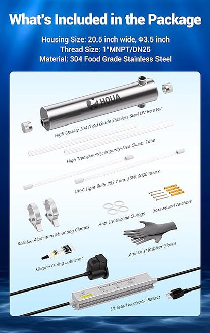 HQUA-TWS-121 120V 55W 12GPM 1“ MNPT Inlet/Outlet, Whole House Ultraviolet Water Purifier Filter, + 1 Extra UV Bulb, + 1 Extra Quartz Sleeve