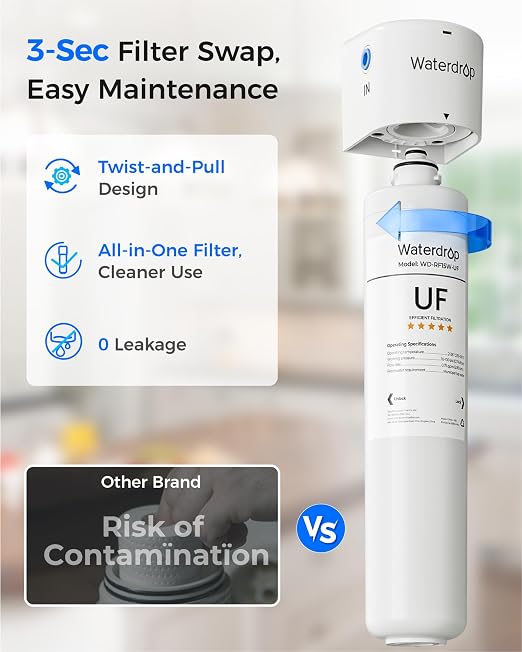 Waterdrop 15UBW-UF 0.01 μm Ultra Filtration Under Sink Water Filter System | Reduces Lead, Chlorine, Bad Taste & Odor, with Dedicated Brushed Nickel Faucet, 2 Years