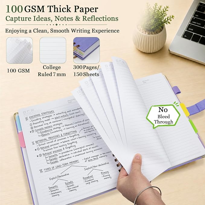 Hardcover Spiral Notebook 8''x 10'' College Ruled Notebook with Magnetic Closure, 300 Pages 5 Subject Notebooks with Pocket Dividers for Work School, B5 Leather Journal for Women, Men (Lilac Purple)