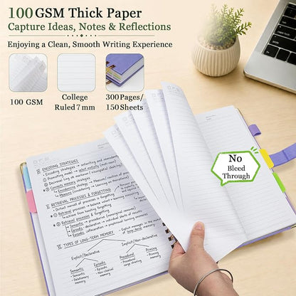 Hardcover Spiral Notebook 8''x 10'' College Ruled Notebook with Magnetic Closure, 300 Pages 5 Subject Notebooks with Pocket Dividers for Work School, B5 Leather Journal for Women, Men (Lilac Purple)