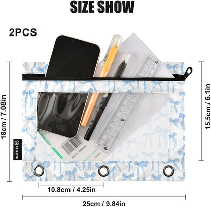 Wamika Bowknot Blue White Binder Pouches 3 Ring for Boys Girls School Office College Supplies Bow Ribbon Tie Pencil Pouches Case Bag with Clear Window and Zipper 2 pack