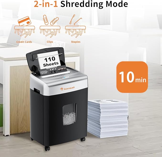 Bonsaii Heavy-Duty Paper Shredder for Home & Office - 110-Sheet Autofeed, Micro Cut, P-4 Security Level, 30-Minute Continuous Shred, 6-Gallon Bin