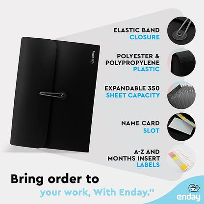 Accordion File Organizer Black, 13 Pocket Expanding File and Cover Folder with Labels, Plastic Portable Desktop Letter A4 Paper – by Enday