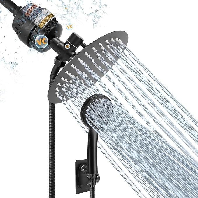 NearMoon Filtered Shower Head, High Pressure 8″Round Rain Shower and 5 settings Handheld Shower Filter Combo with Self-adhesive Holder/1.5M Hose -1 Replaceable Filter Cartridge (Matte Black)