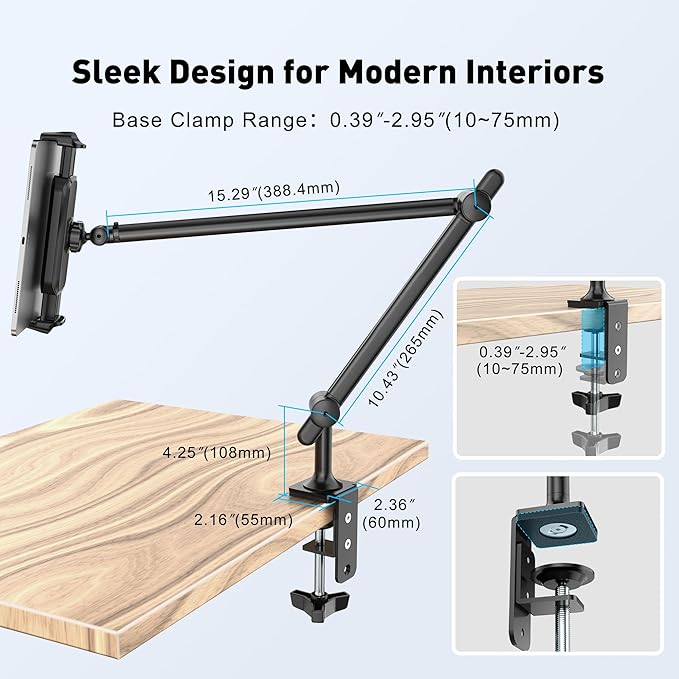 AboveTEK Tablet Stand Holder for Desk & Bed, Aluminum iPad Holder Arm with 360° Rotating Clamp, Adjustable Phone Stand Compatible with 4.7"-13.5" iPad Pro/Air/Mini, iPhone, Galaxy Tab- Black