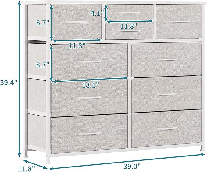 LUMTOK 10-Drawer Dresser, Fabric Dressers Drawers for Bedroom, Hallway, Nursery, Closets, Steel Frame, Wood Top, Easy Pull Handle (Light Grey)