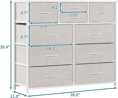 LUMTOK 10-Drawer Dresser, Fabric Dressers Drawers for Bedroom, Hallway, Nursery, Closets, Steel Frame, Wood Top, Easy Pull Handle (Light Grey)