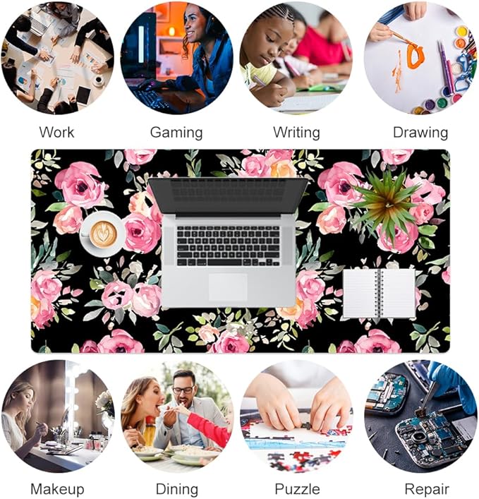 QIYI Large Mouse Pad, Floral Desk Mat for Desktop, Women Girls Watercolor Pink Flowers Office Décor Desk Accessories, PU Leather Waterproof Gaming Mousepad, Black Desk Pad Computer Mat, 31.5" x 15.7"