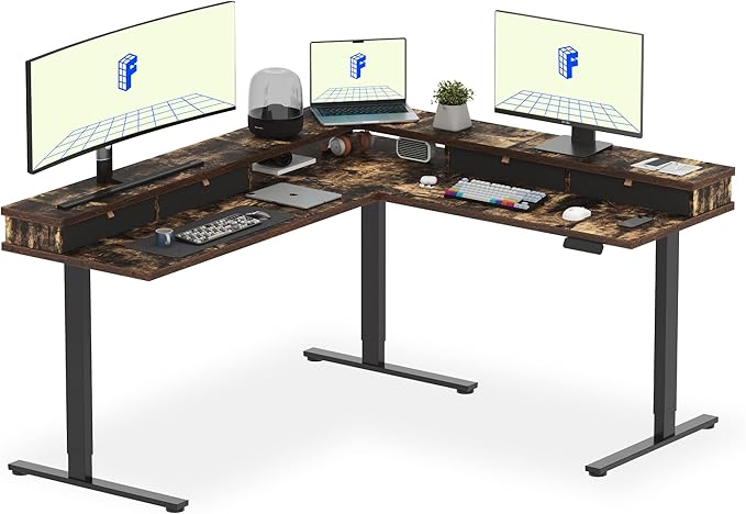 FLEXISPOT 71'' L Shaped Standing Desk Electric Corner Table with Shelf, 4 Storage Drawers, Adjustable Computer Workstation for Home, Office, Game, Studio, Rustic Brown Top + Black Frame