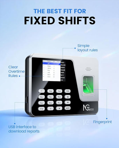 NGTeco Fingerprint & PIN Biometric Time Clock, Standalone Punch Machine for Employees Small Business, No WiFi/Software Required, No Monthly Fees