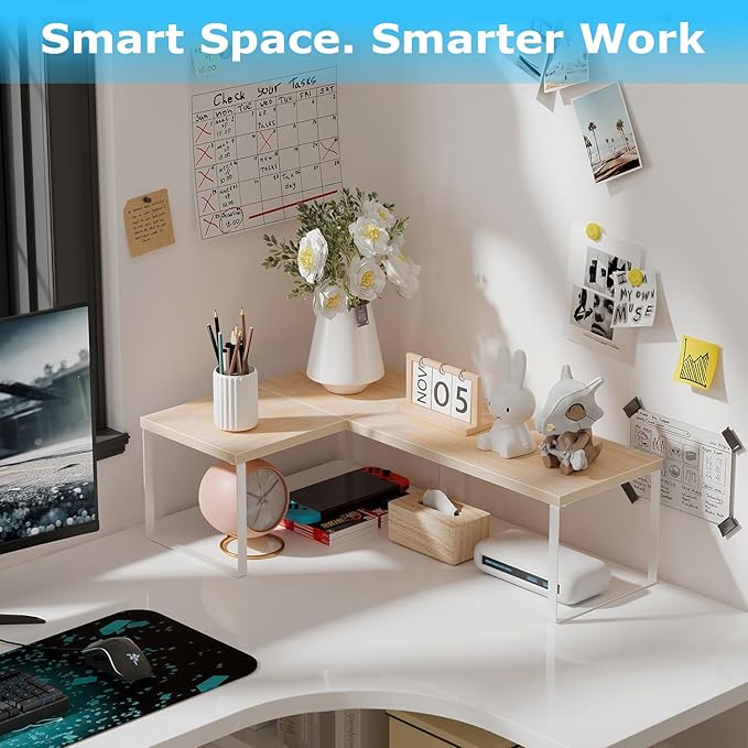 Aothia Wood Desktop Shelf for Top of Desk - 2-Tier Adjustable Bookshelf Organizer, Freestanding Stackable Shelves for Office, Home, Kitchen Counter (Oak)