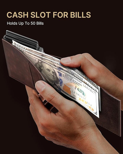 typecase Mens Wallet Card Holder: Pop Up Aluminum Case, Genuine Leather, Smart, RFID Blocking, Slim, Minimalist, Front Pocket - 9-14 Card Capacity | ID Window | Cash Slot - Oil Wax Brown