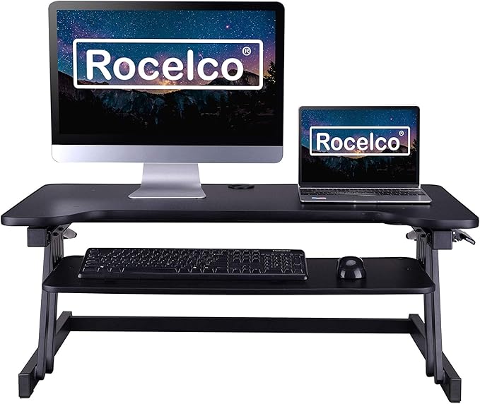 Rocelco 37.5" Deluxe Height Adjustable Standing Desk Converter with Anti Fatigue Mat BUNDLE - Quick Sit Stand Up Computer Workstation Riser - Large Retractable Keyboard Tray - Black (R DADRB-MAFM)