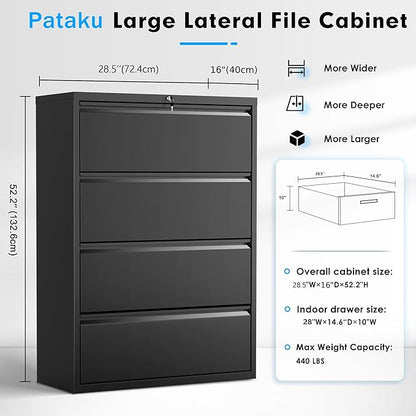 Pataku 4 Drawer File Cabinet with Lock, Metal Lateral File Cabinets for Home Office 4 Drawer, Locking Filling Cabinets for Hanging Files Letter/Legal/F4/A4 Size (4Drawer/Black)