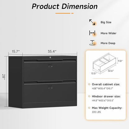 Bestoo 2-Drawer Lateral File Cabinet with Lock, Metal Filing Cabinet for Home Office, Lateral Filing Storage Cabinets, Fits File Folders, Letter/Legal/F4/A4 Sizes, Assembly Required (Black)