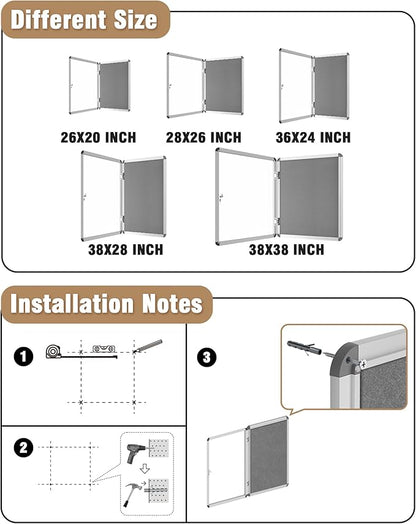 Mifuro 38"x28" Enclosed Bulletin Board, Lockable Weather-Resistant Aluminum Cork Noticeboard for School & Office, Silver Frame w/Grey Flet
