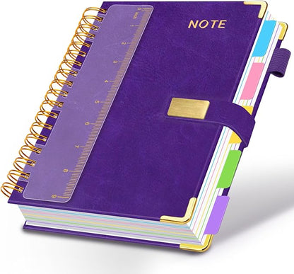 Hardcover Spiral Notebook 8''x 10'' College Ruled Notebook with Magnetic Closure, 300 Pages 5 Subject Notebooks with Pocket Dividers for Work School, B5 Leather Journal for Women, Men (Purple)
