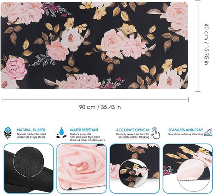 iCasso Extended Gaming Mouse Pad, Large Non-Slip Rubber Base Mousepad with Stitched Edges, Waterproof Keyboard Mouse Mat Desk Pad for Work, Game, Office, Home - Peony