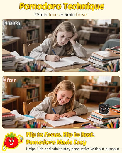 Digital Pomodoro Timer Cube 5/10/25/50min, Visual Productivity Flip Timer for Kids Classroom Desk, Custom Countdown, Silent and Sound Mode for ADHD Study Work Game Kitche(Black)
