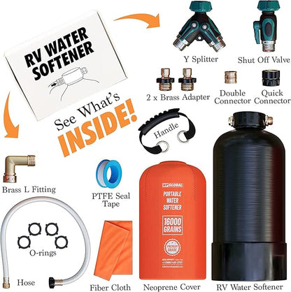 RV Water Softener Portable - 16,000 Grain, 3/4" GHT Fittings, Convenient Water Softener for RVs, Trailers, Boats, Mobile Car Washing, Pressure Washing