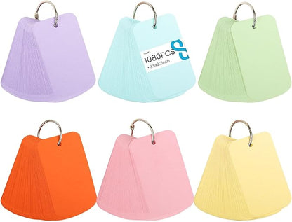 Koogel 1080PCS Index Cards with Rings for School, 2.2 x 3.5 Inch, Colored Flash Cards for Studying, Portable Notecard for Classroom Tests Preparation Teacher Education Office Supplies, 6 Colors