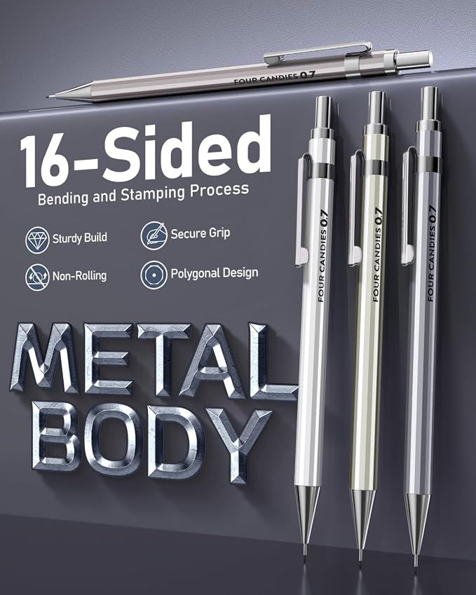 8PCS Metal Mechanical Pencil Set, 0.5mm & 0.7mm, Pack with Storage Case | 480 Leads, 3 Erasers+9 Refills, for School Writing, Sketching, Art Drawing & Professional Drafting