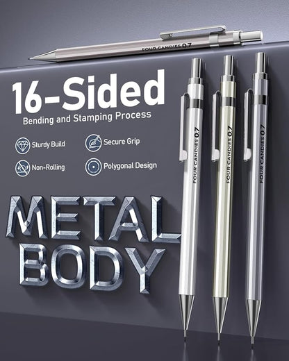8PCS Metal Mechanical Pencil Set, 0.5mm & 0.7mm, Pack with Storage Case | 480 Leads, 3 Erasers+9 Refills, for School Writing, Sketching, Art Drawing & Professional Drafting